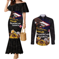 American Samoa Fue and Kava Bowl Couples Matching Mermaid Dress and Long Sleeve Button Shirt Plumeria and Polynesian Pattern LT03 Black - Polynesian Pride