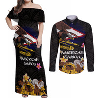American Samoa Fue and Kava Bowl Couples Matching Off Shoulder Maxi Dress and Long Sleeve Button Shirt Plumeria and Polynesian Pattern LT03 Black - Polynesian Pride