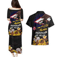 American Samoa Fue and Kava Bowl Couples Matching Puletasi and Hawaiian Shirt Plumeria and Polynesian Pattern LT03 - Polynesian Pride