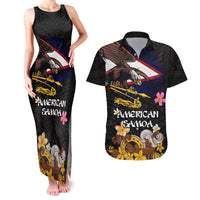 American Samoa Fue and Kava Bowl Couples Matching Tank Maxi Dress and Hawaiian Shirt Plumeria and Polynesian Pattern LT03 Black - Polynesian Pride