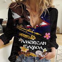American Samoa Fue and Kava Bowl Women Casual Shirt Plumeria and Polynesian Pattern LT03 Female Black - Polynesian Pride
