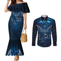 New Zealand Matariki Couples Matching Mermaid Dress and Long Sleeve Button Shirt Maori Pattern and Kiwi Bird Haka Dance Sky Night