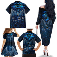 New Zealand Matariki Family Matching Off The Shoulder Long Sleeve Dress and Hawaiian Shirt Maori Pattern and Kiwi Bird Haka Dance Sky Night
