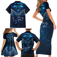 New Zealand Matariki Family Matching Short Sleeve Bodycon Dress and Hawaiian Shirt Maori Pattern and Kiwi Bird Haka Dance Sky Night LT03 - Polynesian Pride