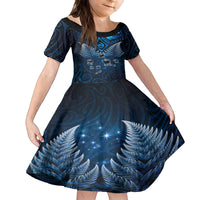 New Zealand Matariki Family Matching Tank Maxi Dress and Hawaiian Shirt Maori Pattern and Kiwi Bird Haka Dance Sky Night LT03 Daughter's Dress Blue - Polynesian Pride