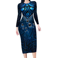 New Zealand Matariki Long Sleeve Bodycon Dress Maori Pattern and Kiwi Bird Haka Dance Sky Night LT03 Long Dress Blue - Polynesian Pride