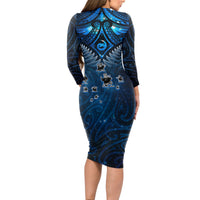 New Zealand Matariki Long Sleeve Bodycon Dress Maori Pattern and Kiwi Bird Haka Dance Sky Night LT03 - Polynesian Pride
