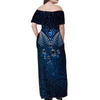 New Zealand Matariki Off Shoulder Maxi Dress Maori Pattern and Kiwi Bird Haka Dance Sky Night LT03 - Polynesian Pride