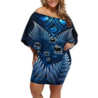 New Zealand Matariki Off Shoulder Short Dress Maori Pattern and Kiwi Bird Haka Dance Sky Night LT03 Women Blue - Polynesian Pride