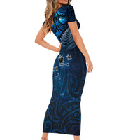 New Zealand Matariki Short Sleeve Bodycon Dress Maori Pattern and Kiwi Bird Haka Dance Sky Night LT03 - Polynesian Pride