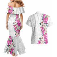 Hawaii Tropical Leaves and Flowers Couples Matching Mermaid Dress and Hawaiian Shirt Tribal Polynesian Pattern White Style LT03 - Polynesian Pride