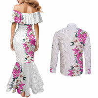 Hawaii Tropical Leaves and Flowers Couples Matching Mermaid Dress and Long Sleeve Button Shirt Tribal Polynesian Pattern White Style