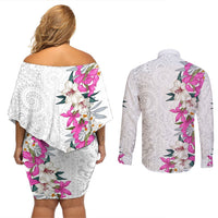 Hawaii Tropical Leaves and Flowers Couples Matching Off Shoulder Short Dress and Long Sleeve Button Shirt Tribal Polynesian Pattern White Style LT03 - Polynesian Pride