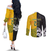Aotearoa New Zealand And Australia Basketball Custom Couples Matching Off The Shoulder Long Sleeve Dress and Long Sleeve Button Shirt Maori Tribal Tattoo And Aboriginal Dot Art Heritage LT03 - Polynesian Pride