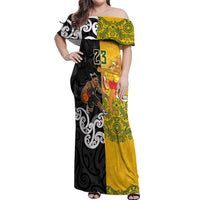 Aotearoa New Zealand And Australia Basketball Custom Off Shoulder Maxi Dress Maori Tribal Tattoo And Aboriginal Dot Art Heritage LT03 Women Multicolor - Polynesian Pride