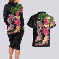 Hawaiian Tropical Plants Turtle and Shark Couples Matching Long Sleeve Bodycon Dress and Hawaiian Shirt Polynesian Art Tattoo