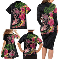 Hawaiian Tropical Plants Turtle and Shark Family Matching Long Sleeve Bodycon Dress and Hawaiian Shirt Polynesian Art Tattoo