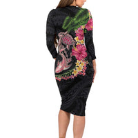 Hawaiian Tropical Plants Turtle and Shark Family Matching Long Sleeve Bodycon Dress and Hawaiian Shirt Polynesian Art Tattoo