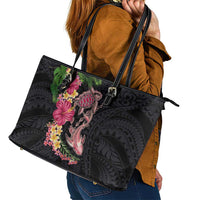 Hawaiian Tropical Plants Turtle and Shark Leather Tote Bag Polynesian Art Tattoo