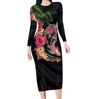 Hawaiian Tropical Plants Turtle and Shark Long Sleeve Bodycon Dress Polynesian Art Tattoo LT03 Long Dress Black - Polynesian Pride