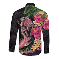 Hawaiian Tropical Plants Turtle and Shark Long Sleeve Button Shirt Polynesian Art Tattoo