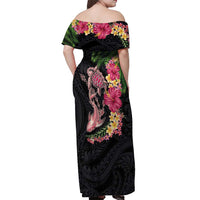 Hawaiian Tropical Plants Turtle and Shark Off Shoulder Maxi Dress Polynesian Art Tattoo