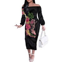 Hawaiian Tropical Plants Turtle and Shark Off The Shoulder Long Sleeve Dress Polynesian Art Tattoo LT03 Women Black - Polynesian Pride