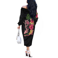 Hawaiian Tropical Plants Turtle and Shark Off The Shoulder Long Sleeve Dress Polynesian Art Tattoo LT03 - Polynesian Pride
