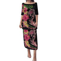 Hawaiian Tropical Plants Turtle and Shark Puletasi Polynesian Art Tattoo LT03 Long Dress Black - Polynesian Pride