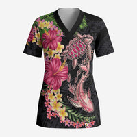 Hawaiian Tropical Plants Turtle and Shark Scrub Top Polynesian Art Tattoo - Polynesian Pride