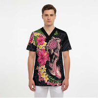 Hawaiian Tropical Plants Turtle and Shark Scrub Top Polynesian Art Tattoo - Polynesian Pride