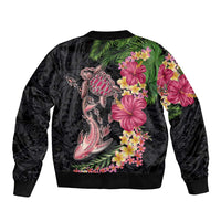 Hawaiian Tropical Plants Turtle and Shark Sleeve Zip Bomber Jacket Polynesian Art Tattoo