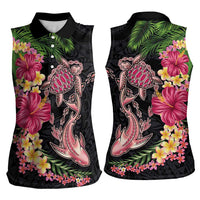 Hawaiian Tropical Plants Turtle and Shark Women Sleeveless Polo Shirt Polynesian Art Tattoo