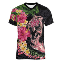 Hawaiian Tropical Plants Turtle and Shark Women V-Neck T-Shirt Polynesian Art Tattoo