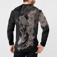 Hawaiian Tropical Plants Turtle and Shark Button Sweatshirt Polynesian Art Tattoo Grayscale Color