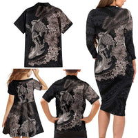 Hawaiian Tropical Plants Turtle and Shark Family Matching Long Sleeve Bodycon Dress and Hawaiian Shirt Polynesian Art Tattoo Grayscale Color