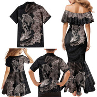 Hawaiian Tropical Plants Turtle and Shark Family Matching Mermaid Dress and Hawaiian Shirt Polynesian Art Tattoo Grayscale Color