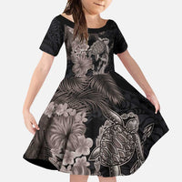 Hawaiian Tropical Plants Turtle and Shark Family Matching Off Shoulder Maxi Dress and Hawaiian Shirt Polynesian Art Tattoo Grayscale Color