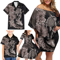 Hawaiian Tropical Plants Turtle and Shark Family Matching Off Shoulder Short Dress and Hawaiian Shirt Polynesian Art Tattoo Grayscale Color