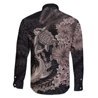 Hawaiian Tropical Plants Turtle and Shark Family Matching Puletasi and Hawaiian Shirt Polynesian Art Tattoo Grayscale Color