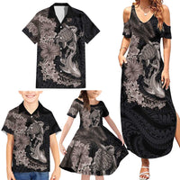Hawaiian Tropical Plants Turtle and Shark Family Matching Summer Maxi Dress and Hawaiian Shirt Polynesian Art Tattoo Grayscale Color