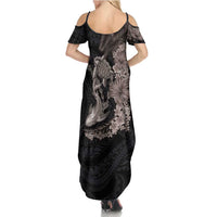 Hawaiian Tropical Plants Turtle and Shark Family Matching Summer Maxi Dress and Hawaiian Shirt Polynesian Art Tattoo Grayscale Color