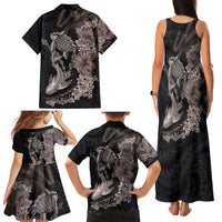 Hawaiian Tropical Plants Turtle and Shark Family Matching Tank Maxi Dress and Hawaiian Shirt Polynesian Art Tattoo Grayscale Color