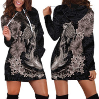 Hawaiian Tropical Plants Turtle and Shark Hoodie Dress Polynesian Art Tattoo Grayscale Color