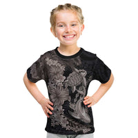 Hawaiian Tropical Plants Turtle and Shark Kid T Shirt Polynesian Art Tattoo Grayscale Color LT03 Black - Polynesian Pride