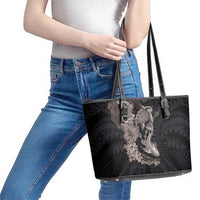 Hawaiian Tropical Plants Turtle and Shark Leather Tote Bag Polynesian Art Tattoo Grayscale Color