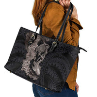 Hawaiian Tropical Plants Turtle and Shark Leather Tote Bag Polynesian Art Tattoo Grayscale Color