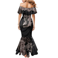 Hawaiian Tropical Plants Turtle and Shark Mermaid Dress Polynesian Art Tattoo Grayscale Color