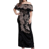 Hawaiian Tropical Plants Turtle and Shark Off Shoulder Maxi Dress Polynesian Art Tattoo Grayscale Color
