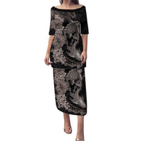 Hawaiian Tropical Plants Turtle and Shark Puletasi Polynesian Art Tattoo Grayscale Color LT03 Long Dress Black - Polynesian Pride